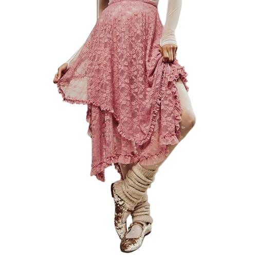 Women's Lace Long Skirt Elastic High Waist Asymmetrical Layered Flowy Maxi Skirt Irregular Hem Beach Boho Skirts