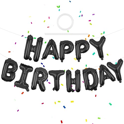 Image of Happy Birthday Balloons Banner Black 16 Inch Mylar Foil Letters