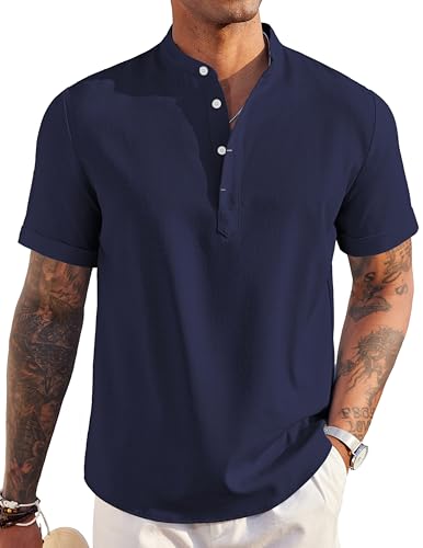 COOFANDY Mens Linen Henley Shirts Short Sleeve Casual Banded Collar Shirt Summer Beach Hippie T Shirts Navy Blue