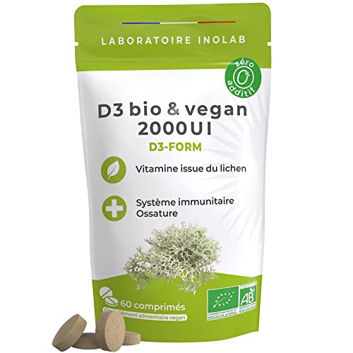 Vitamine D3 Végétale Certifiée BIO ECOCERT - 2000 UI/Comprimé - Vitamine D Vegan du Lichen Naturel Sans Pesticides, Toxines, Métaux Lourds - Vitamine D Bio Cholécalciférol Hautement Absorbable