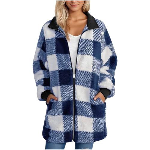 Long Winter Coats for Women Plaid Fuzzy Fleece Plus Size Zip Up Jacket Warm Casual Comfy Faux Fur Jacket with Pockets Trendy