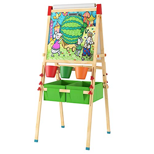 Homfa Pizarra Infantil Madera Caballete Niño Pizarra Magnética Doble Tablero de Dibujo Altura Ajustable con Rollo de Papel 2 Cajas de Almacenaje 3 Cubos de Juguete 44x(55-55.5) x(115.5-138.5) cm