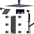 AYIVG Matte Black Thermostatic Dual Rainfall Full Body Shower System with 2 In 1 Hand shower Wand Adjustable Slide Bar 12 Inch and 8 Inch Rain Shower Head 6 Jets Temperature Display Shower Faucet Set