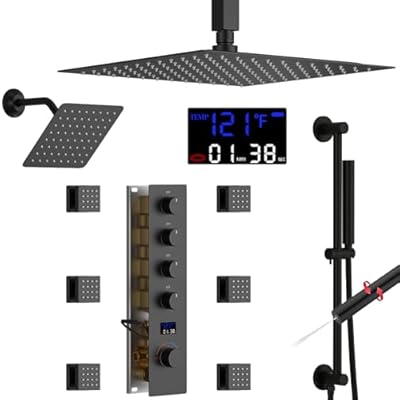 AYIVG Matte Black Thermostatic Dual Rainfall Full Body Shower System with 2 In 1 Hand shower Wand Adjustable Slide Bar 12 Inch and 8 Inch Rain Shower Head 6 Jets Temperature Display Shower Faucet Set