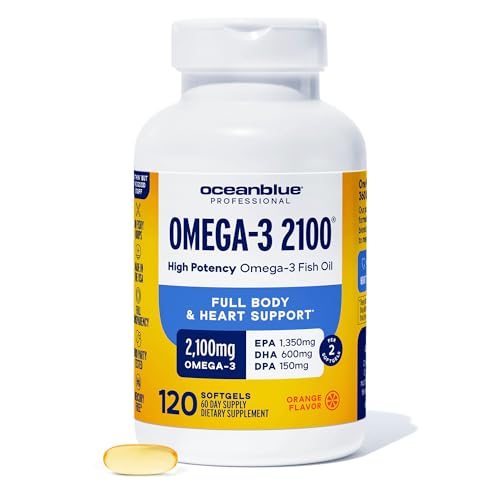 Oceanblue Professional Omega-3 2100 Triple Strength DPA EPA DHA Omega 3 Supplement High Potency Burpless Wild Caught Fish Oil Orange Flavor 120 Softgels (60 Servings)
