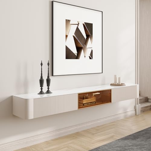 POVISON Fully-Assembled 78.74" Modern Minimalist Floating TV Stand with Glossy Sintered Stone, Fluted Wall Mounted Media Console with Drawers, Entertainment Center with Storage for Living Room
