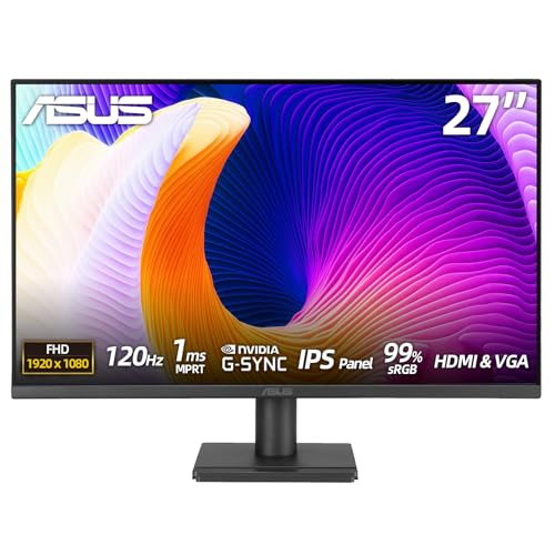 Image of ASUS 27 inch FHD IPS Gaming Monitor, 120Hz, 1ms MPRT, Adaptive-Sync, 99% sRGB, Eye Care, Frameless, HDMI, VGA, Low Blue Light, Flicker Free, Wall Mountable, Tilt Adjustment, for Business and Gaming, Black