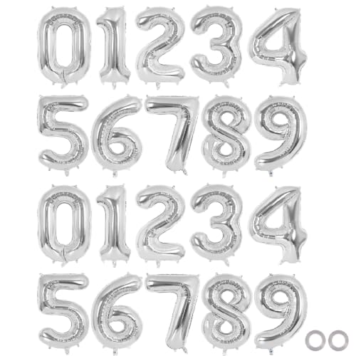 Image of 20 Pcs 16 Inch Silver Number 0-9 balloons, Number Foil Balloons, Small Mylar Numbers Balloon Custom Digital Balloons for Birthday Aniversary Baby Shower Party Decorations Supplies (Silver 2 Set)