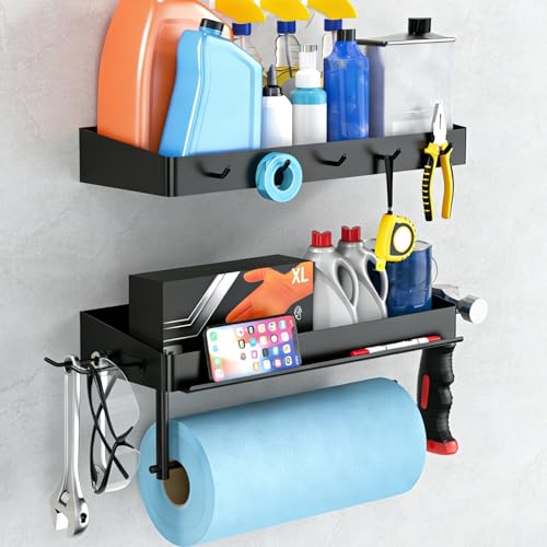 YIGII Heavy Duty Garage Paper Towel Holder with 2 Storage Shelves, Wall Mount Paper Towel Rack with Phone Holder & Hooks, Shop and Tool Room Organizer for Storage