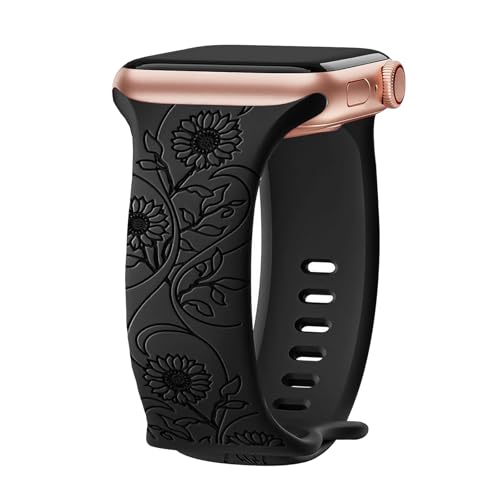 Floral Engraved Bands for Apple Watch Bands for Women 40mm 41mm 42mm 38mm 44mm 45mm 46mm 49mm,Soft Sport Silicone Floral Embossed Strap Wristband for iWatch Series 11 10 9 8 7 6 5 4 SE/2nd Ultra/2/3