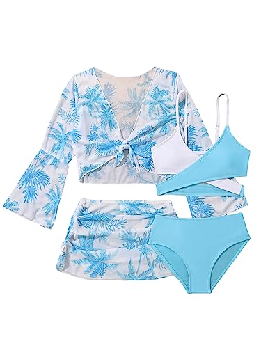 Image of WDIRARA Girl's 4 Piece Color Block Swimsuit and Coverup Set Tree Print Boho Swimwear Light Blue 9Y