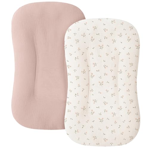 Image of MairMore Muslin Baby Lounger Cover for Newborn & Infant, 100% Cotton Soft and Breathable Lounger Slipcover for Baby Girls and Boys, Pack of 2 (Pink Blossom)