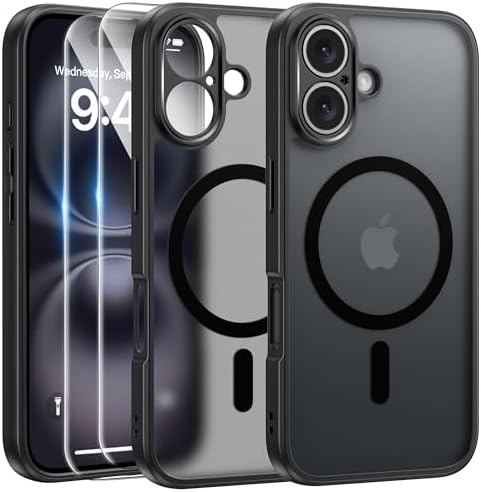 FLLAO Funda para iPhone 16, Compatible MagSafe, con 2 Piezas Protector de Pantalla Cristal Templado, [Protección de Cámara] Magnética Carcasa Translúcida Mate Trasera Fina Antigolpes, Negro