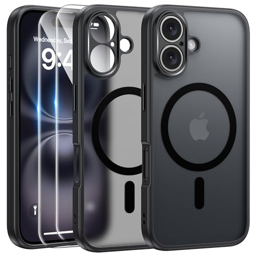 FLLAO Cover Magnetica per iPhone 16 Custodia e 2 Pellicole in Vetro Temperato, Cover iPhone 16 Compatibile con Magsafe, Custodia Traslucida Opaca Posteriore Sottile Antiurto Protettiva Case, Nero