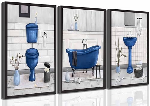 3 Pcs Navy Blue Bathroom Canvas Wall Art Paintings Fun