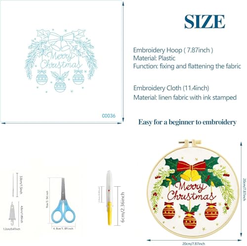 Image of Zhenqing Christmas Embroidery Kit for Beginners - 4 Piece 29x29cm Round Hoop Art with Pre-Printed Cotton Fabric, Embroidery Hoop, Threads & Tools (Merry Christmas, Stocking, Truck, Gnomes)