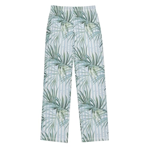 Pajama Pants Palm Leaves Light Blue Stripes PJ Bottoms Sleepwear Lounge Sleep Pant with Pockets