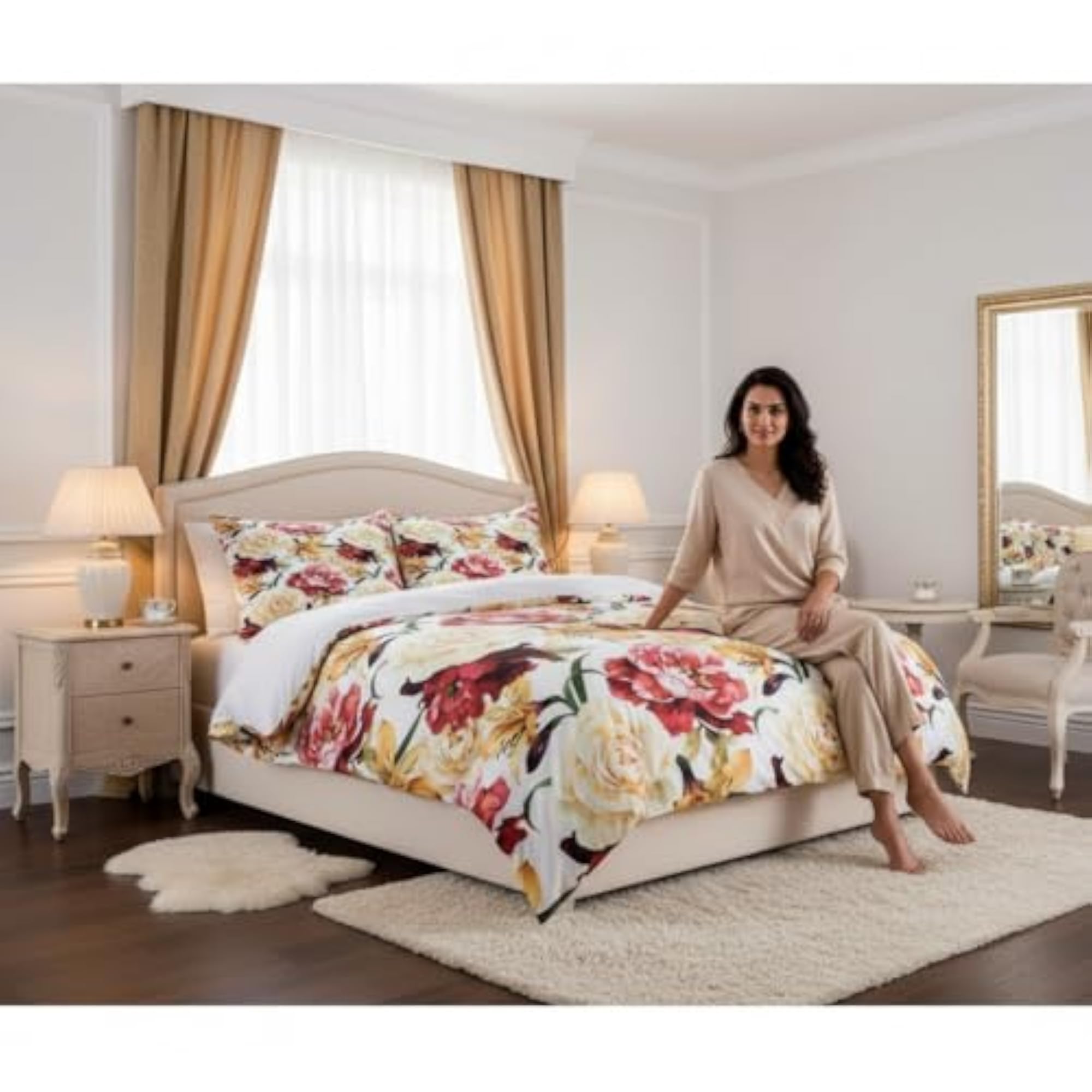King Size Double Bed Microfibre Cotton 3D Printed Bedding Set, 5 Pcs