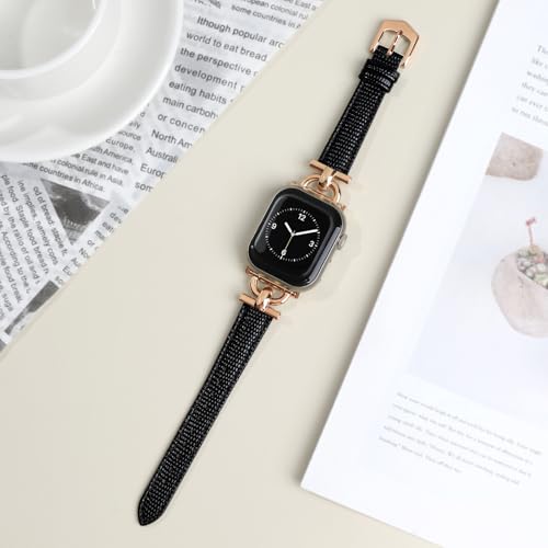 Image of Leather Band Compatible with Apple Watch Bands for Women, Dressy Fancy Strap for iWatch Series 11 /10 /9 /8 /7 /6 /5 /4 /3 /2 /1 /se(38mm 40mm 41mm 42mm,Lizard Black /Rose Gold)