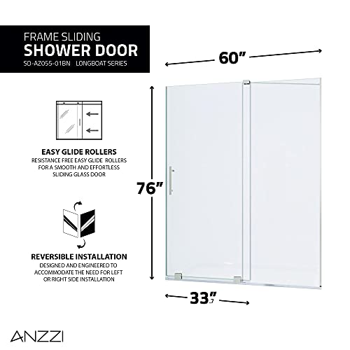 Anzzi 76 X 60 Inch Semi-Frameless Shower Door In Brushed Nickel, Longboat Water Repellent Glass Shower Door With Seal Strip Parts And Handle, Easy Gilde Rollers Sliding Shower Door, Sd-Az055-01Bn #TOP2