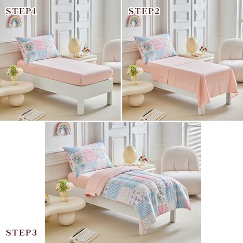 Image of Joyreap 4 Piece Toddler Bedding Set- Pink n Blue Patchwork Design, Microfiber Toddler Bedding Comforter Set for Girls