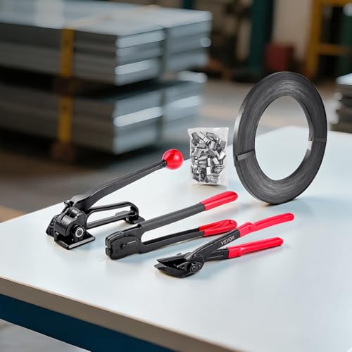 VEVOR 5 TLG Stahlband Umreifungsset, manuelle Umreifungsgerät mit 183 m Metallband, 300 Metallklammern und Schneider, pefekte Werkstattausstattung für industrielle Verpackung, Transport und Lager
