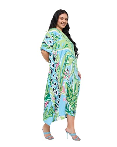 Image of Gypsie Blu Women Plus Size Kaftan Dress Beach Cover Up Maxi Dresses for Women, V-Neck Kimono Sleeve 1X-3X