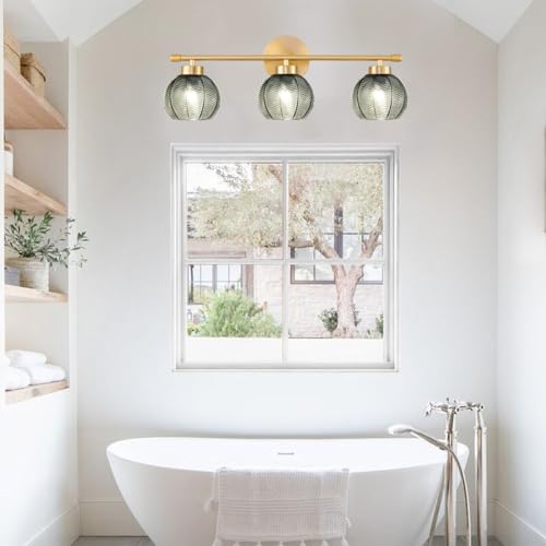 Image of Modern 3 Lights Wall Sconce Lighting, Vintage Bathroom Light Fixtures Gold Vanity Light, Farmhouse Green Glass Wall Lamp, Porch Wall Mount Light for Mirror Living Room Bedroom