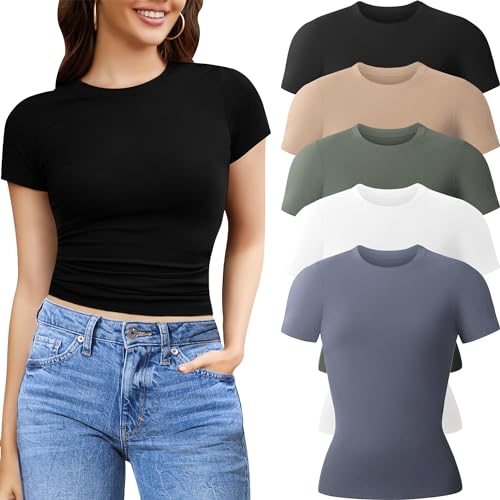 CE’ CERDR 3/5 Pack Womens T Shirts Crew Neck Short Sleeve Shirts for Women Casual Basic Fitted Stretchy Tee Tops