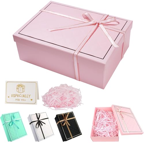 Caja Regalo, 25 x 18 x 8.5 CM Caja para Regalo Rectangulares, Plegable Cajas de Regalo con Tapa, Cajas Regalo Carton con Lazo Carda Rafia, para Boda Cumpleaños Navidad Valentín (Rosa)