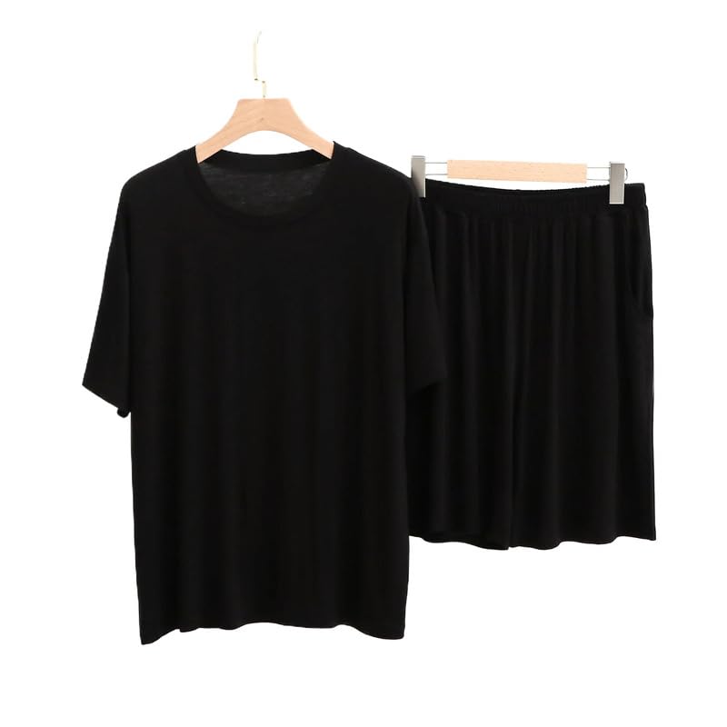 OFFSUM Conjunto De Pijama para Hombre - Verano Fino Corto Manga + Medio Pantalón Dos Piezas Casual Cuello Redondo con Bolsillo Cintura Elástica Ropa De Dormir Ropa De Dormir