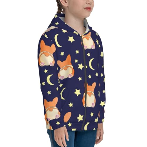 Corgi Lying With Moons And Stars Kids Pullover Hoodies Boys Zip Up Sweatshirts Girls Athletic Clothes with Pocket4