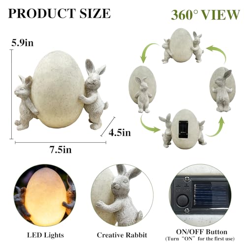 LFLKPY Solar Bunny Garden Statue with LED Light – Cute Solar Garden Decor Outdoor Rabbit Statue for Patio Yard Backyard Lawn, Bunny Decor Garden Statues, Easter Rabbit Gifts-Egg