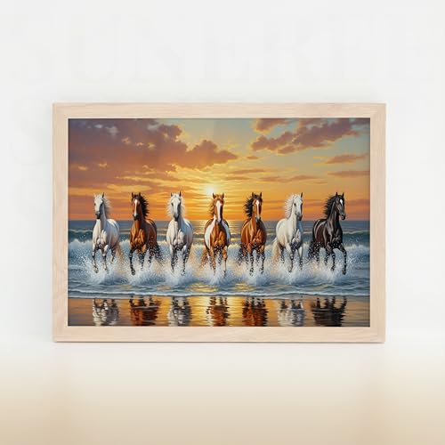 Image of Suneree 7 Horse Vastu Wall Painting - Running Horses Sunset Beach Landscape Framed Wall Art for Living Room & Office Decor (Natural, Design 10, 13x19 Inch)