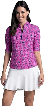 IBKUL Athleisure Wear Sun Protective UPF 50+ Icefil Cooling Diana Print Ruched Elbow Sleeve Top - 41930