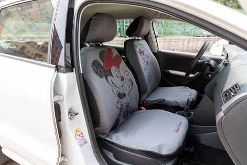 Coppia Coprisedili Anteriori Auto Minnie Mouse Topolina Poggiatesta Grigio Rosso Airbag Compatibile Universale Per Tutte Le Auto - 3