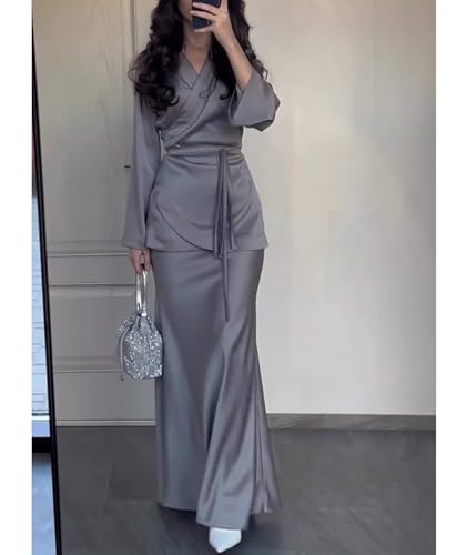 xxxiticat Women's Satin Skirt Set Long Sleeve Lace Up Cardigan Top High Waist Flared Hem Long Skirt Two Piece Matching Set2