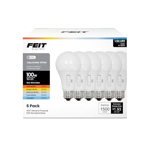 Feit Electric A19 LED Light Bulb, 100W Equiv, Non-Dimmable, Selectable Color Temperatures (2700K-5000K), 1500 Lumens, General Purpose Light Bulbs, 17,000-Hour Lifetime, OM100/5CCT/15KLED/6, 6 Pack