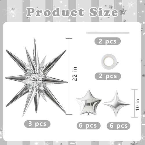 Image of TONIFUL 22Inch 15Pcs Silver Large Explosion Star Mylar Balloons and 10Inch Four Pointed Star Balloons Set for Christmas New Year Birthday Wedding Bridal Shower Anniversary Photo Booth Supplies
