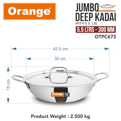 Image of Orange Triply Jumbo Stainless Steel Deep Kadai with Steel Lid (S.S. Lid) 5.5 LTR, 30cm Diameter | Induction Friendly | Heavy Bottom with Cool Touch Handle | 2.5mm Thickness | 5Year Warranty