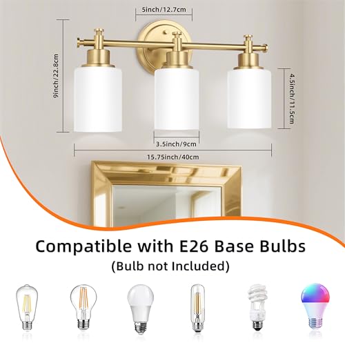 Image of 3-Light Gold Bathroom Vanity Light Fixtures, Brushed Gold Wall Sconce, Champagne Gold Vanity Light with Milky White Glass Shade Over Mirror, Bathroom, Bedroom, Modern Style, E26 Base