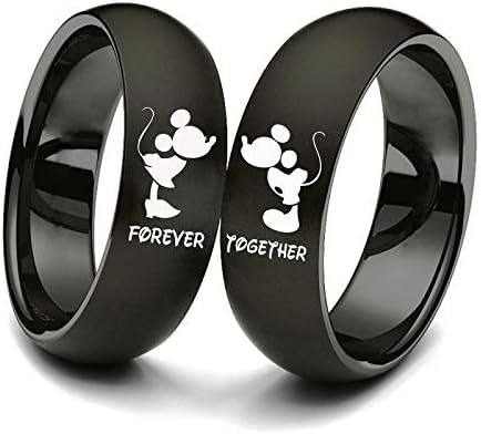 QIAOYING Couple Matching His and Hers Couple Titanium Steel Rings Black Mickey Mouse Kiss Forever Together Promise Wedding Band (Together, 9)