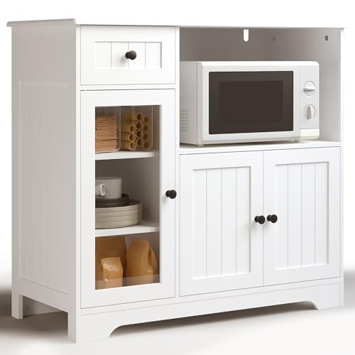 Blishom Buffet avec étagère pour Micro-Ondes, Meuble Bas avec 1 tiroir, 3 Portes, étagères réglables, pour Salle à Manger et Salon, 90 x 40 x 82 cm, Blanc