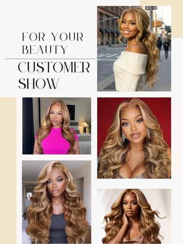 Image of Beauty Forever Honey Blonde Highlight Body Wave 13x4 HD Lace Front Wig Human Hair, Glueless Drawstring Wig Pre Plucked Pre Cut Bye Bye Slip Secure Fit Big Deep Parting Lace Wig 150% Density 18inch