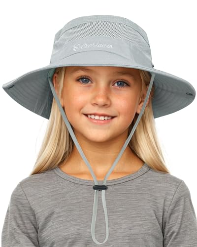 Century Star Outdoor Kids Sun Hat UPF 50+ Quick Dry Adjustable Bucket Hat Windproof Waterproof Beach Fishing Safari Hat Light Grey 5-13T
