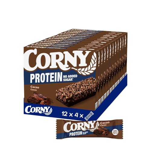 Corny Protein Sabor Cacao - Barritas de Cereales y Proteínas, 24% de Proteína, Sin Azúcares Añadidos - Pack de 12 Cajas x 4 Barritas de 25 g (48 Unidades)
