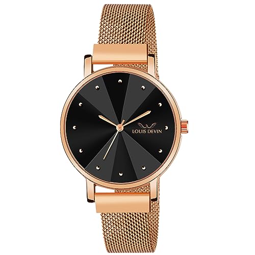 Image of LOUIS DEVIN Rose Gold Plated Mesh Chain Analog Wrist Watch for Women (Blue /Green /Brown /Black Dial) | LD-RG173