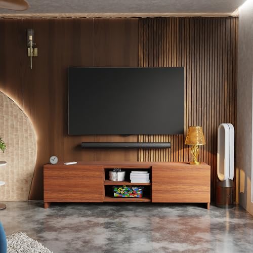 Image of Modern Living Room TV Stand with Open Display Compartment, Dual Side Storage Units, and Clean Contemporary Design for Home Decor | Assembly-DIY | Color-Cherry Pine