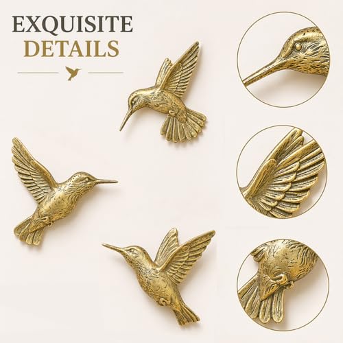 Image of GUSFREUD 3D Hummingbird Wall Decor Set - Brass Resin Bird Wall Decor for Living Room, Bedroom and Gallery Walls - Vintage Gold - Set of 3