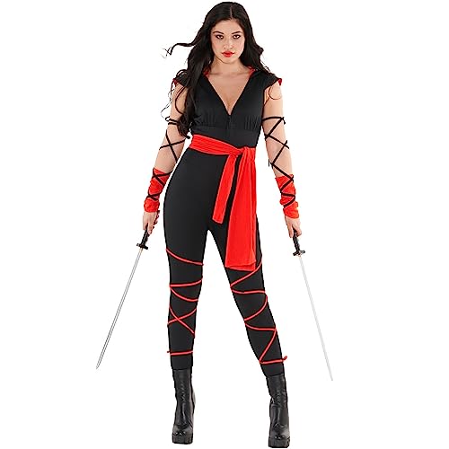 Morph Costume Ninja Rouge Femme, Déguisement Ninja Dragon, Tenue Halloween Ninja Femme, M